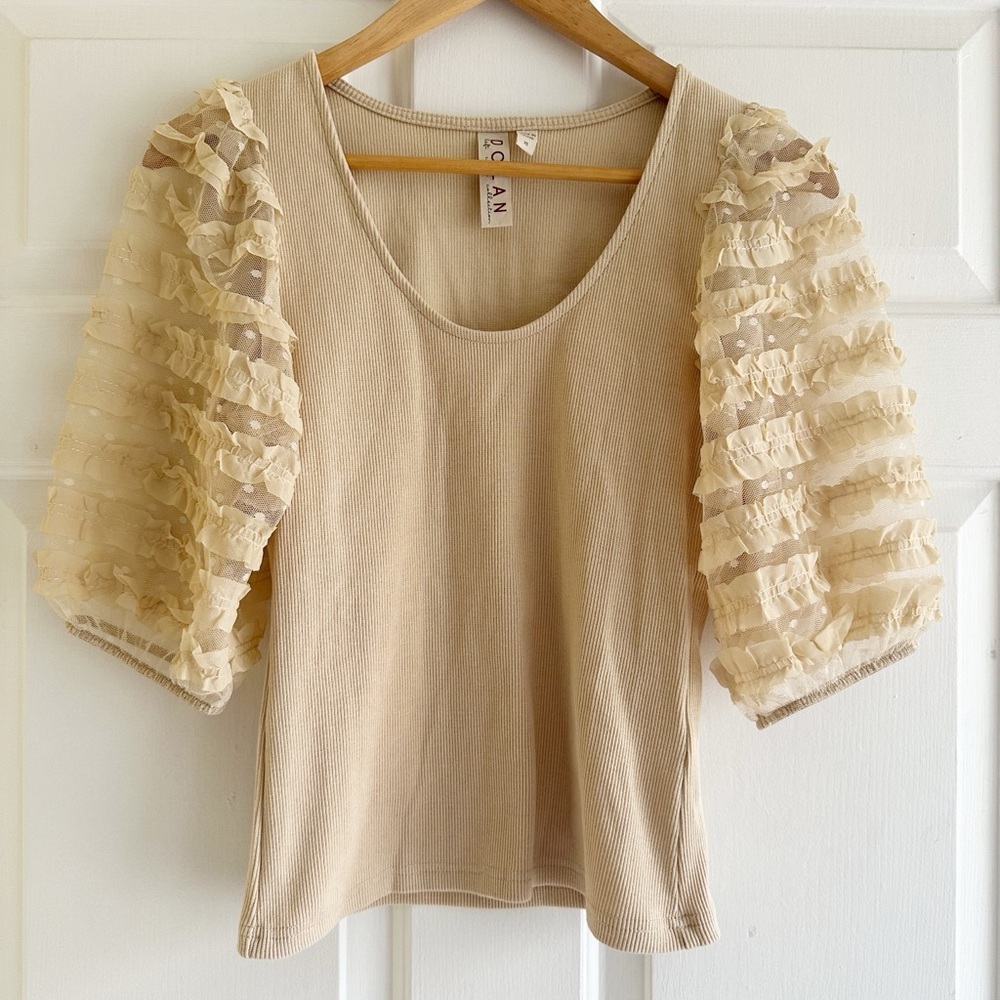 DOLAN Anthropologie Ruffle Sheer Sleeve Top Size XS Boho Minimalist‎
